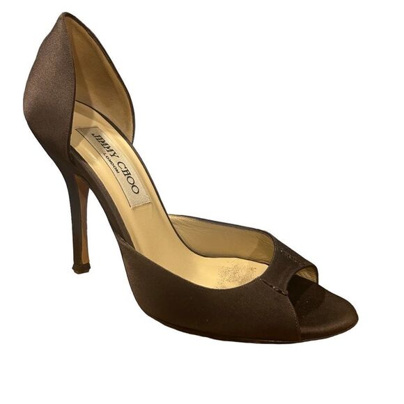 Jimmy Choo - Chocolate Dark Brown Satin Open Peep Toe D’Orsay Stiletto Pumps - Picture 1 of 10